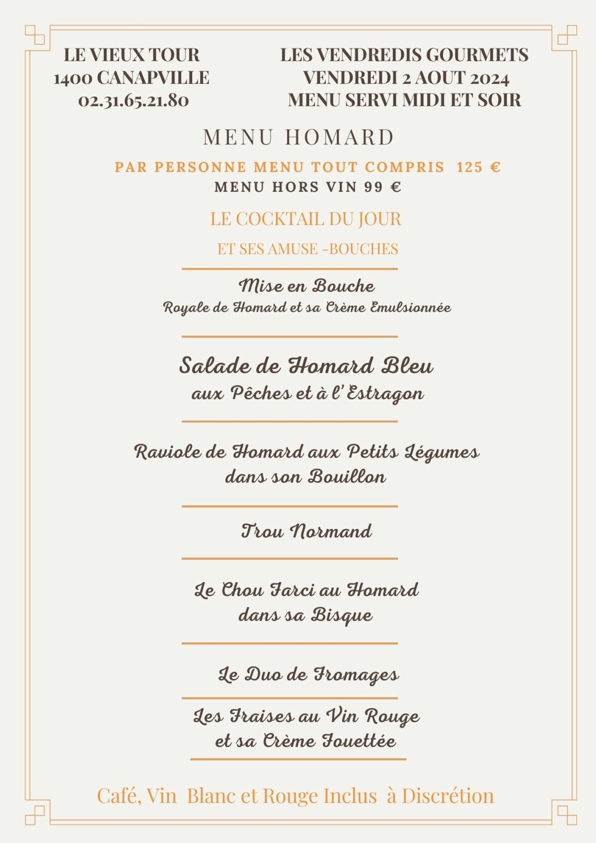 Le Vieux Tour menu Homard